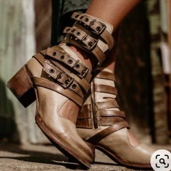 FREEBIRD by Steven Tali Strappy Women's Heeled Boots Booties Taupe Size 7 - Picture 3 of 17